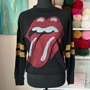 the Rolling Stones Black Crewneck Sweatshirt with Red Tongue and Gold Stripes